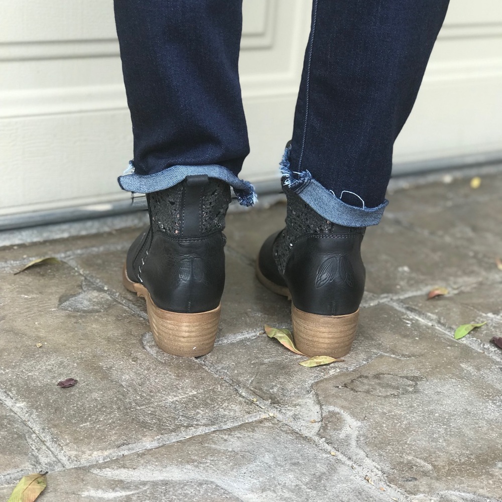 Black Eyelet Distressed Leather Crochet Boho Boot - Picture 3 of 6